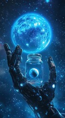 A metallic robotic hand holds a glass jar containing a glowing orb, amidst a starry night sky with a large blue moon