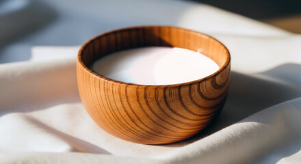 Rustic Wooden Bowl with White Creamy Milk on Soft Fabric