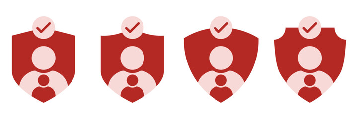 Family Insurance Protection Icons. Red Shield with Parent and Child Symbol and Check Mark, Flat Vector Concept of Health, Safety, Security, Family Care, and Medical Guarantee