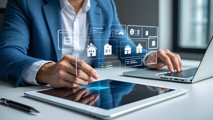 Businessman reviews real estate documents on laptop, Online property management, Digital housing contract, investment planning, Smart organization of real estate transactions using modern tools.