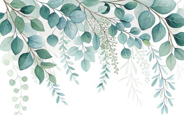 Fototapeta premium Watercolor eucalyptus leaves border, botanical green foliage background, elegant hand painted leaf branches for wedding invitation and stationery design