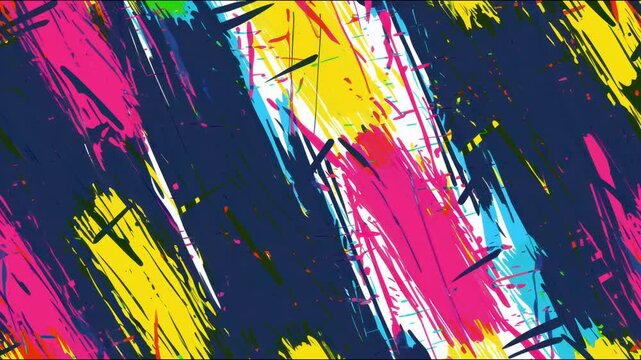 AI-generated a lively abstract of brush strokes and dashes in pink, yellow, blue, orange, and black