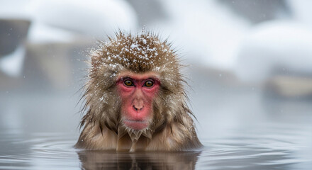 Fototapeta premium Volcanic Winter: Japan's Snow Monkeys in Onsen