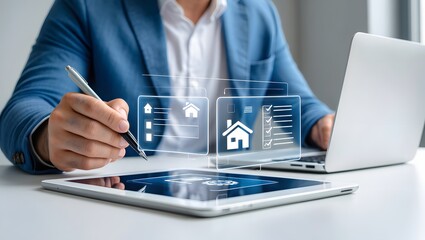 Businessman reviews real estate documents on laptop, Online property management, Digital housing contract, investment planning, Smart organization of real estate transactions using modern tools.