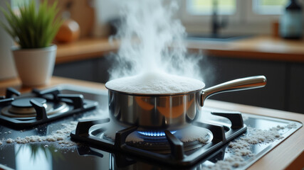 Boiling pot overflow on stove showing cooking disaster and safety issue