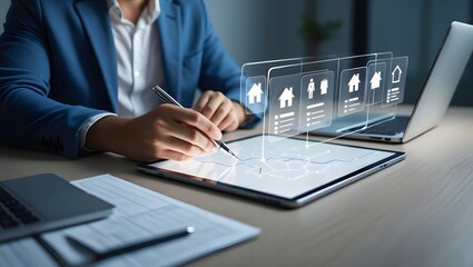 Businessman reviews real estate documents on laptop, Online property management, Digital housing contract, investment planning, Smart organization of real estate transactions using modern tools.