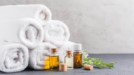 Soft white towels neatly stacked beside essential oil bottles on a dark stone surface, creating a serene spa atmosphere with natural elements and a sense of relaxation
