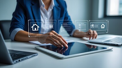 Businessman reviews real estate documents on laptop, Online property management, Digital housing contract, investment planning, Smart organization of real estate transactions using modern tools.