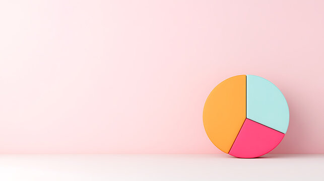 Vibrant Pie Chart: 3D rendering of a colorful pie chart with orange, pink, and light blue sections against a light pink background. Clean, minimalist.