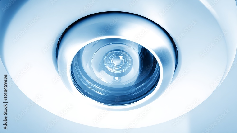 Poster close-up view of a modern ceiling-mounted surveillance camera with a sleek design, showcasing the le