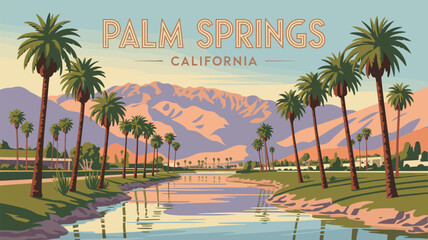 Palm springs california landscape with palm trees and mountain backdrop view