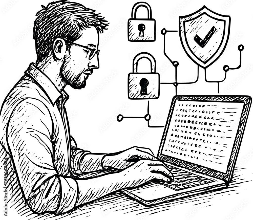 Poster cybersecurity professional sketch. digital security work with laptop showing code and protection ico