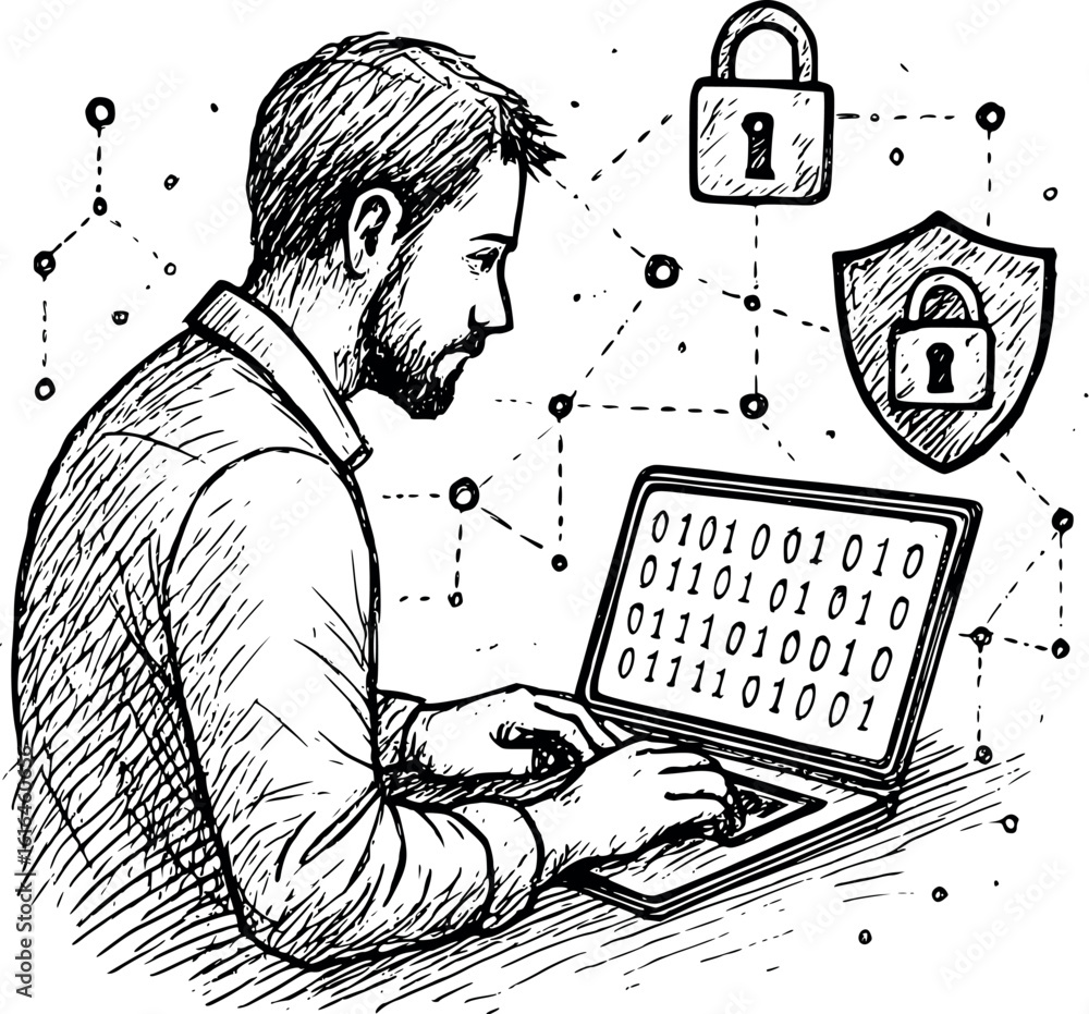 Aufkleber cybersecurity professional sketch. digital security work with laptop showing code and protection ico