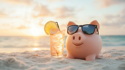Beachside savings: A piggy bank sporting sunglasses relaxes next to a refreshing drink with a lemon slice, symbolizing financial vacation planning.