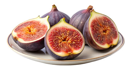 Fresh ripe figs halved on a white plate showing juicy red interior and seeds isolated on transparent background