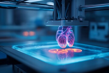 Obraz premium 3D printer creating human organs in high-tech, futuristic laboratory. Printing process features glowing anatomical structures, biomedical innovation in regeneration and tissue engineering concept. 