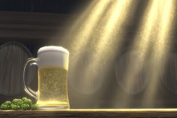 A Beautiful Glass of Golden Beer in Sunlight, Complete with Bubbles and Foam on Top