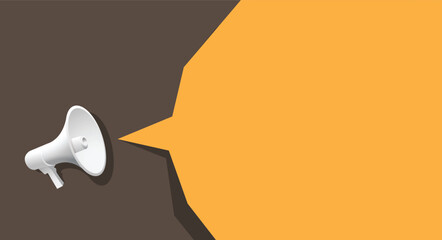 Vector illustration of a white megaphone projecting a yellow speech bubble on a dark background. Minimalist concept for announcements, marketing, public communication, or promotional messages.