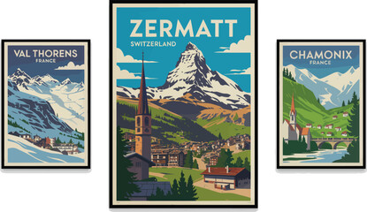 Three framed vintage travel posters depicting european mountain destinations