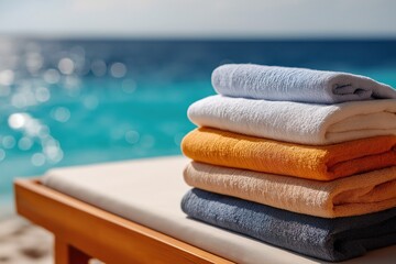 Colorful towels stacked on beach chair by blue ocean