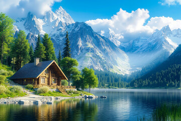 Fototapeta premium A cabin sits on the shore of a mountain lake