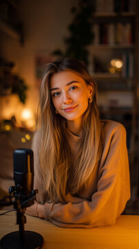 Female blogger, news anchor, podcaster, or voice actress sitting at a desk in a home studio with microphone. Modern media work from home, remote broadcasting, podcast, or voice-over recording.