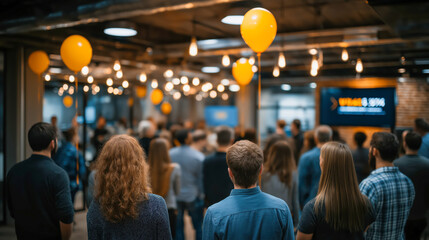 Modern open-plan office team celebrating successful product launch, balloons, screens with metrics, warm light, festive professional atmosphere.