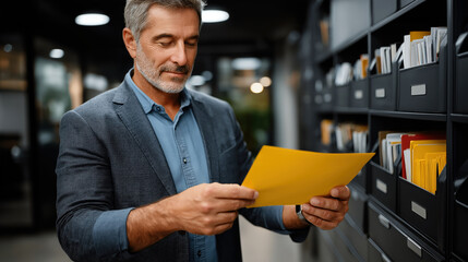 Person’s hands organizing documents in a filing system within an office setting, featuring file folders and efficient paperwork management