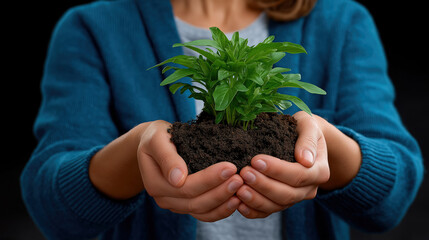 Close-up of hands holding a small plant symbolizing ecology and environmental care with natural green background and fresh nature concept