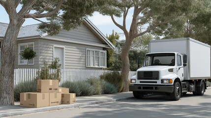 Delivery truck parked in quiet suburban neighborhood, unloading parcels, peaceful residential street, courier service in action, calm and safe environment