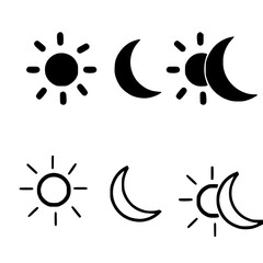 Sun and moon icons set. Black and white mode symbol. Daytime sunset, sun, moon icon set. Vector