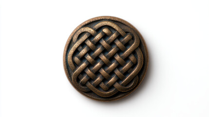 A round, bronze-colored button featuring an intricate Celtic knot design on a white background.