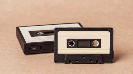 Obraz premium Two vintage audio cassette tapes, one standing upright and the other lying flat, on a plain beige surface.