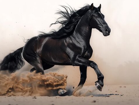 Black Stallion Galloping Through Sand | Majestic Black Horse Running in the Desert | Wild Beauty of a Horse in Motion | Powerful Black Steed Racing Across Sandy Terrain.