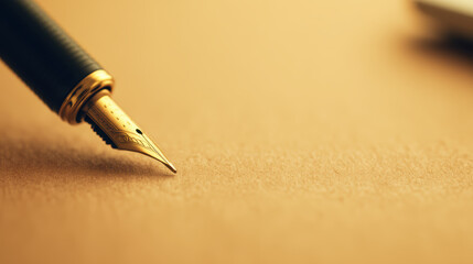 Close-up of a gold-tipped fountain pen poised above textured paper, ready to write.