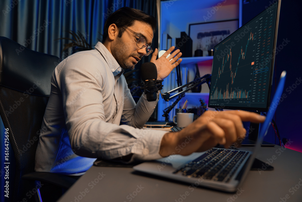 Poster smart trader businessman concentrating on dynamic stock exchange investment on pc and laptop showing