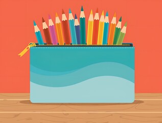 A vibrant teal pencil case, brimming with colorful crayons, sits ready for creative expression.