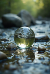 Photorealistic Glass Globe Resting in a Shallow Riverbed Surrounded by Smooth Pebbles and Flowing Water