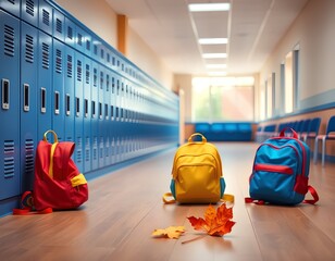 Backpacks of various colors are placed in the school hallway, ready for the students.