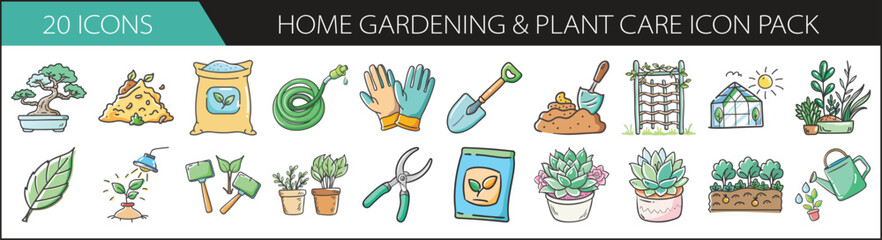 Home Gardening and Plant Care Icon Set for Green Projects - Charming icon pack featuring tools, plants, soil, and garden accessories, perfect for gardening, landscaping, and eco-friendly designs.