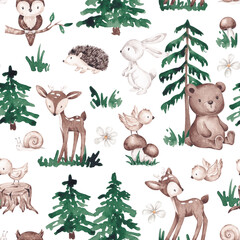 Obraz premium Woodland seamless pattern hand drawn with watercolor. Cute forest animals and plants. Gender neutral digital paper. For kid textile, fabric, clothing, cards, wallpaper