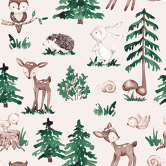 Naklejka premium Woodland seamless pattern hand drawn with watercolor. Cute forest animals and plants. Gender neutral digital paper. For kid textile, fabric, clothing, cards, wallpaper