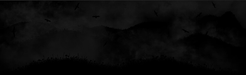 Very dark black mountain area at night with flying birds above. Halloween spooky horror hills with no lights and stormy sky above. Vector silhouette illustration with no moon and stars on the sky