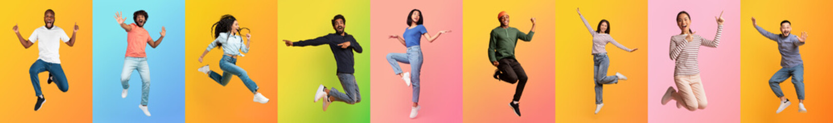 A collection of individuals from different backgrounds joyfully jumping in mid-air. They are...
