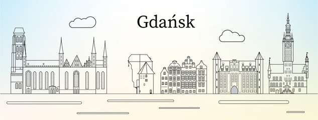 Naklejka na ściany i meble Gdansk city skyline with main landmarks (St. Mary Church, Mariacka Gate, Krantor crane) - line art vector illustration
