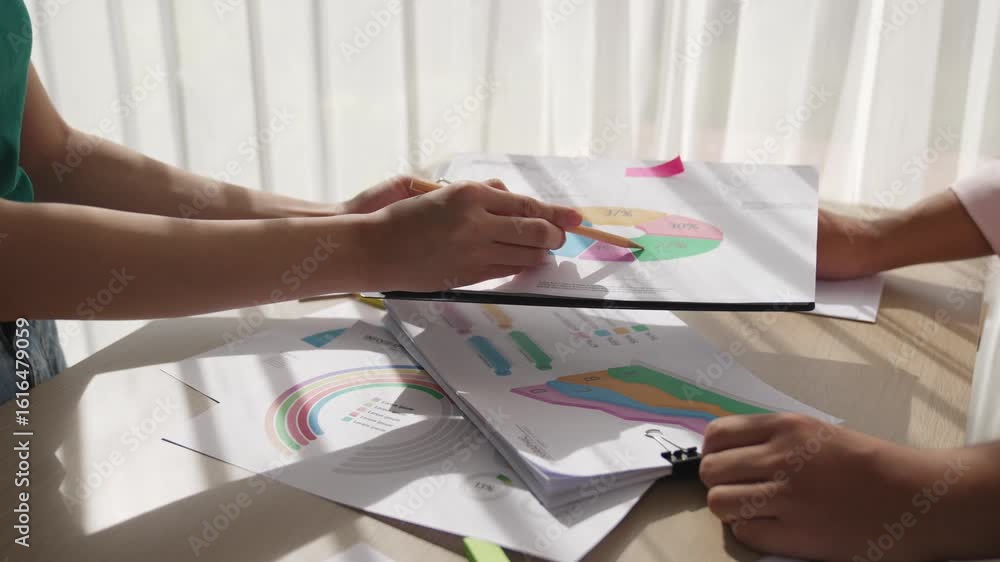 Poster startup employee working together, analyzing bi dashboard paper on financial data report but reject 