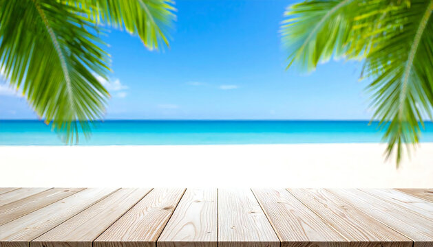 夏の景色。ヤシの木が生い茂るビーチ風景。海。砂浜。青空。ウッドデッキ。Summer scenery. Beach scene with palm trees. Ocean. Sandy beach. Blue sky. Wooden deck.