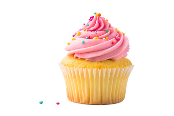 Single Cupcake with Pink Swirl Frosting and Colorful Sprinkles