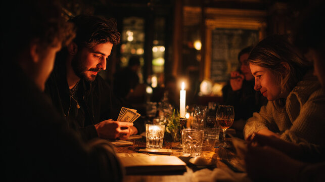 Around a candle-lit table, friends enjoy a lively card game accompanied by drinks and a cozy atmosphere