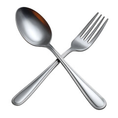 Silver spoon and fork crossed together isolated on transparent background